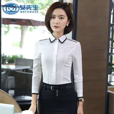 女先生长袖衬衫-2017秋冬新款女式衬衫长袖衬衣OL通勤时尚修身职业装正装显瘦女装撞色翻领休闲衬衫