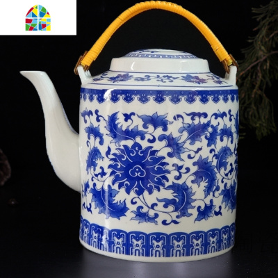 景德镇青花冷水壶陶瓷大容量可高温茶壶凉水壶大号饭店泡茶壶家用 FENGHOU 3.8升花开富贵收藏送红绳刷子