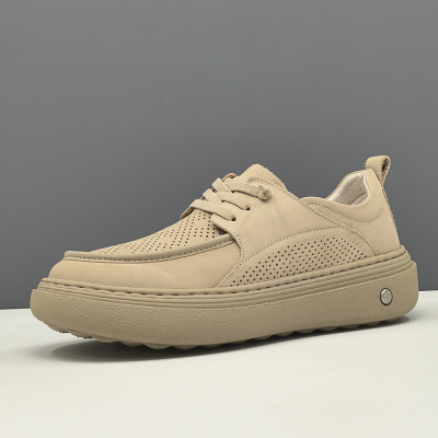 男生头层牛皮运动板鞋男款潮鞋真皮欧洲站小众夏季镂空透气休闲鞋