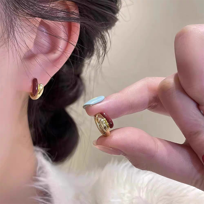 s925银针法式复古酒红色珐琅耳环女轻奢小众高级感耳扣独特耳饰送女朋友老婆情人节七夕生日礼物