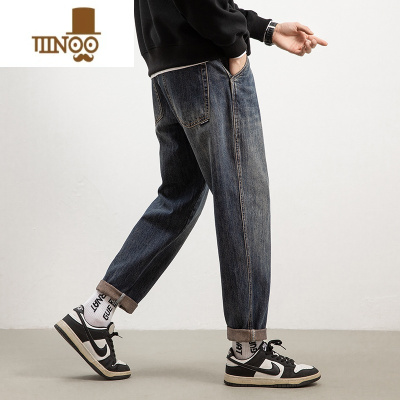 YANXU美式牛仔裤男潮牌宽松直筒男士2023新款九分水洗男装长裤子