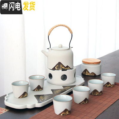 三维工匠黑陶功夫茶具套装家用禅意日式泡茶简约现代客厅茶壶干泡礼盒定制 一壶六杯茶叶罐-雅白-礼盒装