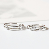 纯银镶钻对戒S925银情侣戒指仿真钻求婚道具礼物指环男女简约竹节