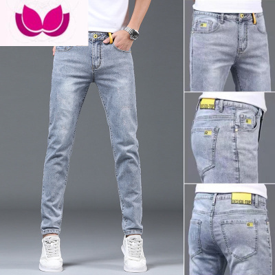 七斓2023春季高端浅色牛仔裤男潮牌修身弹力小脚裤韩版潮流青年长裤子