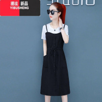 YIBUSHENG95棉T 2024新款流行韩版气质假两件小清新收腰绑带吊带连衣裙女