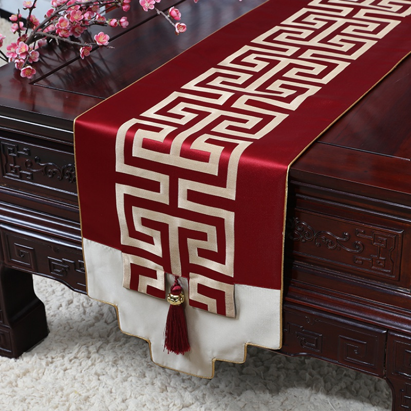 新中式古典玉桌旗茶几长条布艺中国风桌布床柜旗电视柜盖布 酒红格 34*300适合桌长240-250CM
