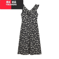 YIBUSHENG复古小飞袖碎花连衣裙女季黑色茶歇法式中长款收腰显瘦a字裙子
