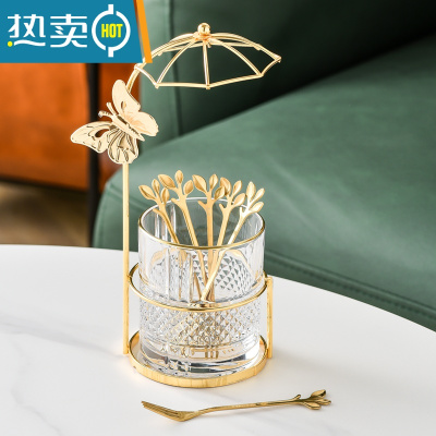 敬平家用轻奢不锈钢水果叉套装叉子勺子收纳罐水果签网红点心叉甜品叉 轻奢雨伞叉罐(配蝴蝶)+金叉*6