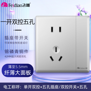 飞雕(FEIDIAO)超薄大板 开关插座格韵系列86型带开关插座面板墙壁电源插座 格韵月光银五孔一开双
