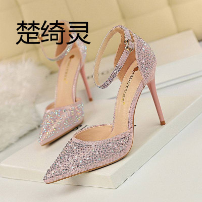 楚绮灵283-16韩版甜美高跟鞋细跟高跟浅口尖头镂空一字带闪亮水钻女凉鞋