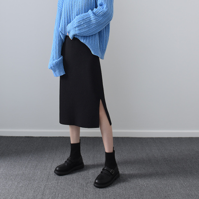 暖青汇小个子冰丝针织开叉半身裙中长款过膝春秋显瘦黑色包臀直筒一步裙半身裙