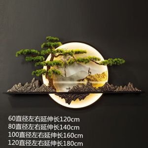 维诺亚新中式客厅沙发背景墙装饰画带灯迎客松挂件圆形茶台玄关壁画