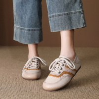 头层牛皮单鞋女2026春季新款圆头系带平底舒适不累脚运动休闲鞋