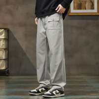 春夏透气工装裤男 浅灰抽绳直筒裤 大口袋装饰休闲长裤薄款男装潮