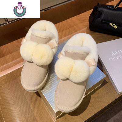 FISHBASKET球球雪地靴女2020年秋新款厚底一体毛毛鞋加绒短筒面包鞋靴子