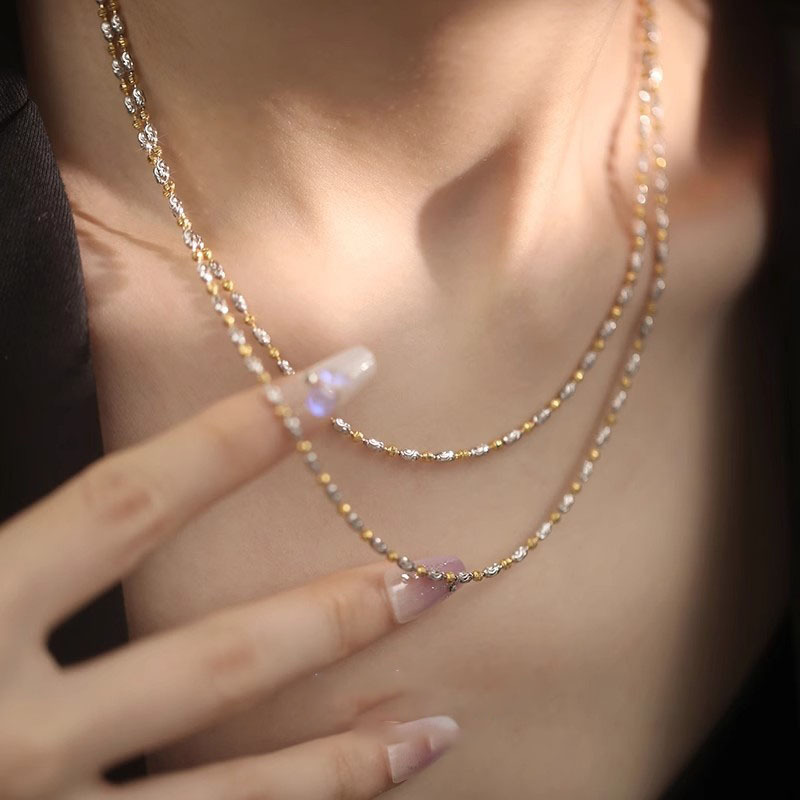 s925纯银车花金银撞色米珠项链女素链百搭锁骨链轻奢高级感小众夏