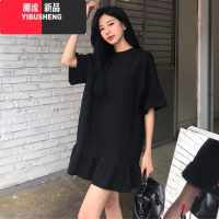 YIBUSHENG特大码300斤慵懒风季法式赫本短袖胖M宽松荷叶边中长款连衣裙女