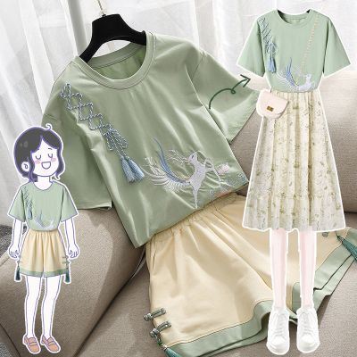 大码女装改良汉服套装女夏季2021新款复古国潮上衣阔腿短裤两件套莎丞