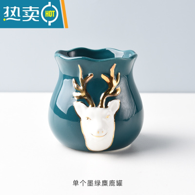 敬平金色水果叉收纳罐水果签果插儿童宝宝不锈钢小叉子轻奢蛋糕甜品叉 单个墨绿麋鹿收纳罐