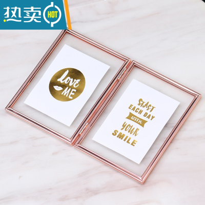 敬平欧式摆台相框折叠连体双面透明6寸7寸8寸10寸金属照片框玻璃摆件 玫瑰金竖款 6寸[高清玻璃面]