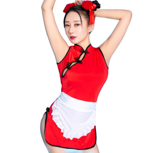 欲之诱惑 情趣内衣 古典旗袍套装 高开叉包臀复古制服诱惑 女性感睡裙 紧身斜襟超短裙 情趣套装 头箍+围裙+短旗袍 默认颜色 默认尺寸