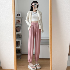 灰色冰丝运动裤女夏季薄款宽松束脚卫裤防蚊小个子凉凉速干防晒裤