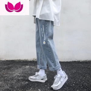 七斓小雏菊字母薄款牛仔裤男士宽松直筒夏季潮流九分裤子潮牌港风
