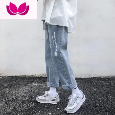 七斓小雏菊字母薄款牛仔裤男士宽松直筒夏季潮流九分裤子潮牌港风