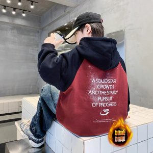 男童加绒卫衣一体绒新款加厚男孩秋冬装衣服儿童拼色连帽上衣