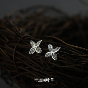 银饰简约新款潮睡觉不用摘纯银耳钉女防过敏小耳饰简约百搭四叶草送女朋友老婆情人节七夕生日礼物 一对送银堵