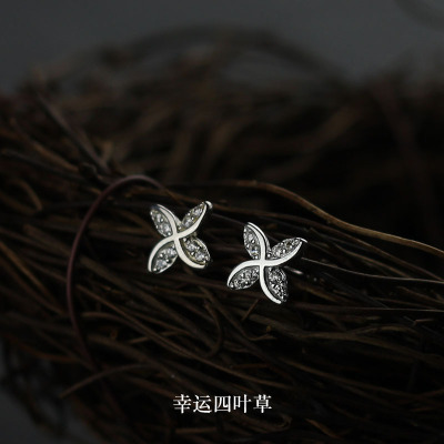 银饰简约新款潮睡觉不用摘纯银耳钉女防过敏小耳饰简约百搭四叶草送女朋友老婆情人节七夕生日礼物
