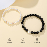 鑫铂尼925银黑曜石情侣串珠手链淡水珍珠十字手串七夕情人节送男女友