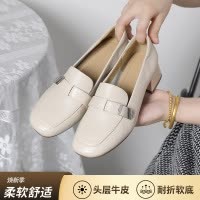 尖头中跟乐福鞋女秋季新款头层牛皮软底大码小单鞋方扣豆豆鞋