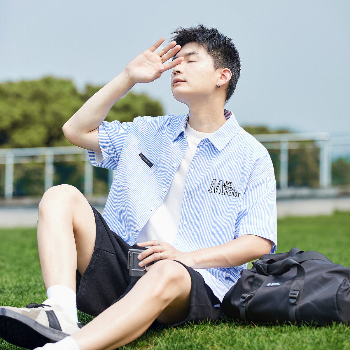 [2.5折价78元]唐狮男士衬衫短袖文字短袖竖条纹衬衫短袖衬衫男夏季男式衬衫短袖