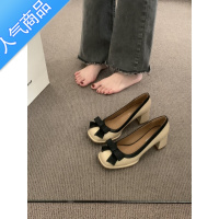 SUNTEK法式蝴蝶结高跟鞋韩版浅口粗跟单鞋秋新款一脚蹬女鞋配裙子晚晚鞋