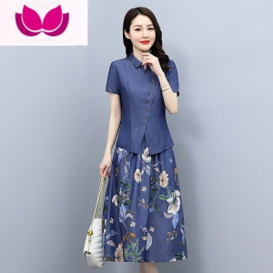 七斓夏季碎花棉麻套牛仔连衣裙气质复古显瘦遮肚雪纺套装裙子女夏