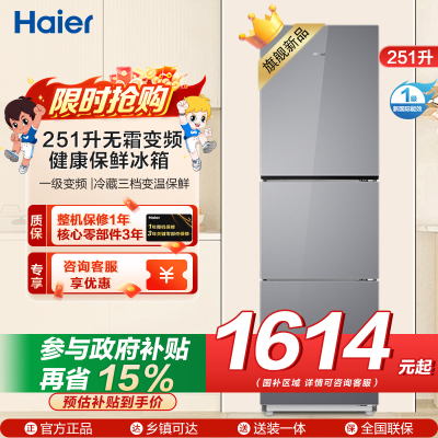 海尔(Haier) 251升无霜变频健康保鲜冰箱 简美三门 自然新鲜 一级变频 黑金净化BCD-251WGHC3E7AS