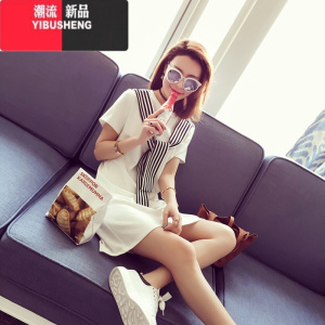 YIBUSHENG条纹连衣裙女季2024新款韩版宽松显瘦中长款休闲短袖t恤中长裙