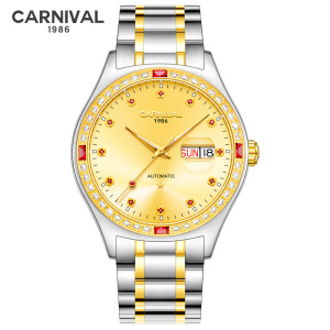 瑞士品牌嘉年华Carnival时尚金色男士手表全金自动机械表 男表双日历进口Miyota机芯腕表防水镶水钻夜光8889G