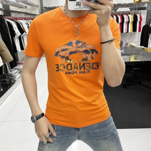 2024夏季新款男装欧货潮流休闲百搭圆领高端T恤丝光棉烫钻短袖男