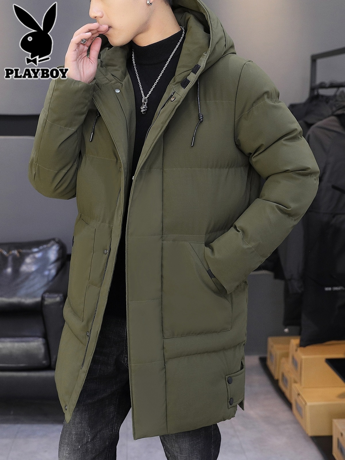 花花公子中长款棉衣男士防寒大衣2025年冬季潮保暖连帽棉服外套男