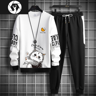 HongZun卫衣套装男无帽圆领潮流帅气秋冬款加绒厚2020秋季新款青少年衣服其他套装