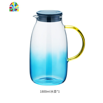 封后北欧凉水壶日式大容量开水杯可高温茶壶套装创意玻璃冷水壶 F 蓝雾渐变壶1800ml+6只白金青杯300ml+大雪森托