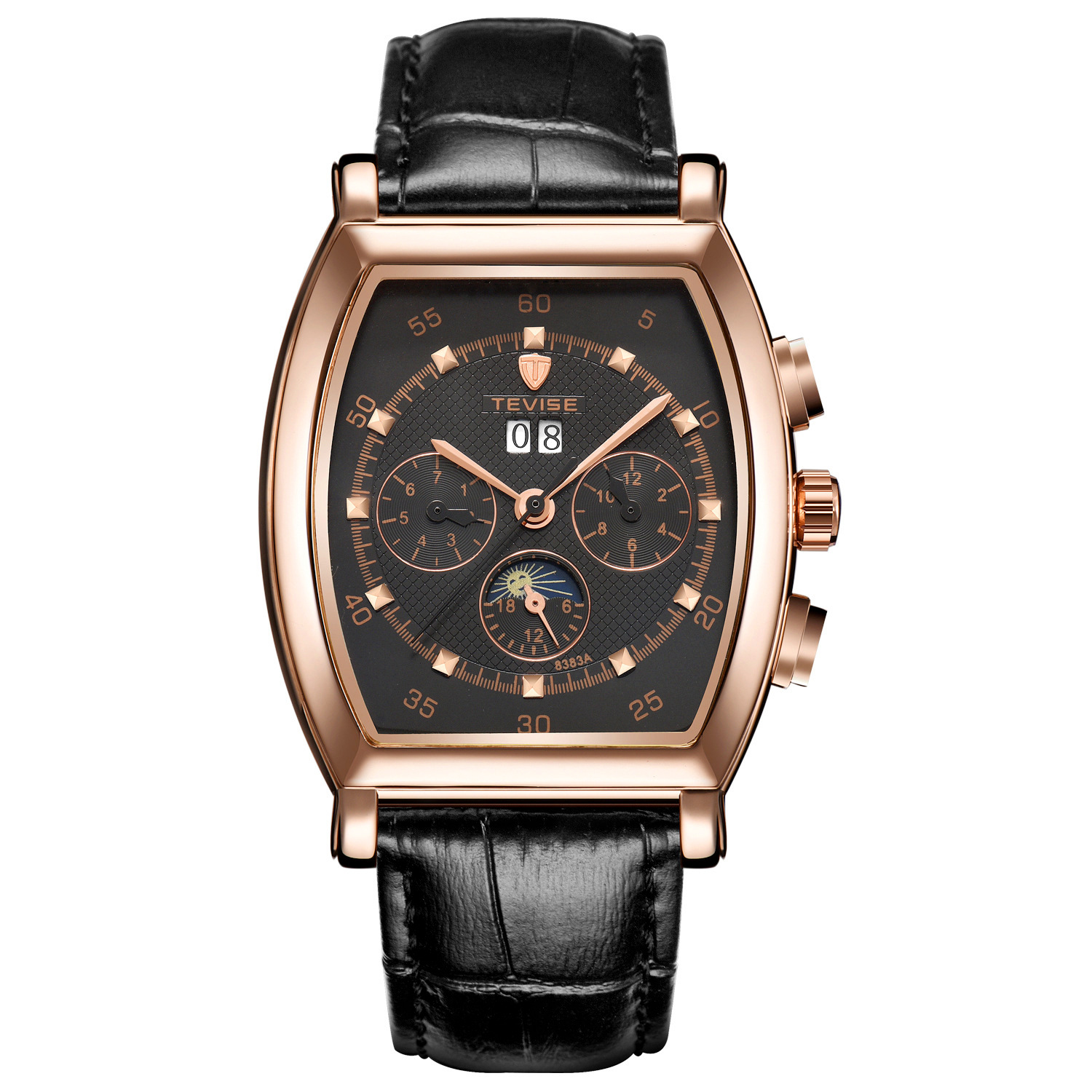瑞士tevise特威斯酒桶型手表男时尚商务名牌手表多功能防水男士全自动