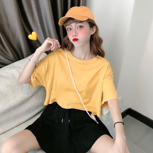 夏季短袖T恤女韩版学生慵懒风bf宽松纯色个性港味短款露脐上衣女
