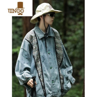 YANXU美式复古民族风拼接撞色牛仔外套男女韩版bf宽松夹克衣休闲