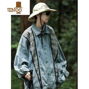 YANXU美式复古民族风拼接撞色牛仔外套男女韩版bf宽松夹克衣休闲
