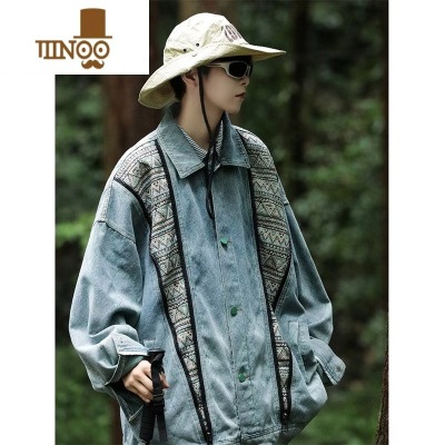 YANXU美式复古民族风拼接撞色牛仔外套男女韩版bf宽松夹克衣休闲