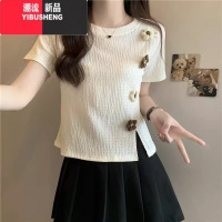 YIBUSHENG正肩t恤女短袖季花朵设计感小众修身显瘦短款不规则开叉上衣服