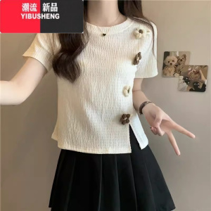 YIBUSHENG正肩t恤女短袖季花朵设计感小众修身显瘦短款不规则开叉上衣服